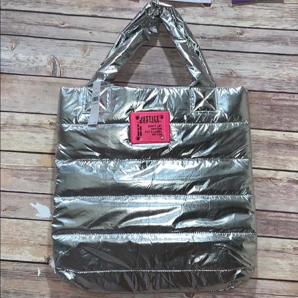 NWT Justice silver puffer tote bag